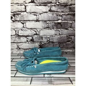 Minnetonka Kilty Turquoise Suede Leather Moccasins Driving Shoes Women Sz 7.5M